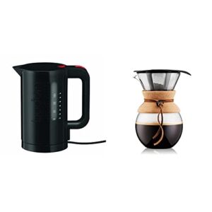 Bodum Bistro Electric Water Kettle, 34 Ounce, 1 Liter, Black & 11571-109 Pour Over Coffee Maker with Permanent Filter, Glass, 34 Ounce, 1 Liter, Cork Band