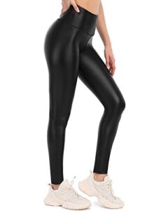 ATTRACO Fleece Lined Leggings for Women Stretch Faux Leather Warm High Waist Yoga Pants with Pockets Workout Tights Black L