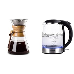 COSORI Pour Over Coffee Maker with Double-layer Stainless Steel Filter,34 Ounce & Electric Kettle with Upgraded Stainless Steel Filter and Inner Lid, Wide Opening Glass Tea Kettle,1.7L, Black