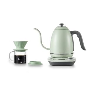 BUYDEEM Pour Over Coffee Brewing Set with Retro Electric Gooseneck Kettle, Variable Temperature Control. 18/8 Stainless Steel, Cozy Greenish