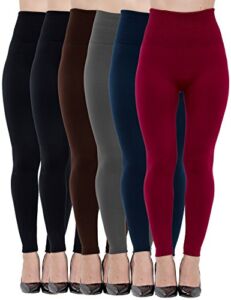 Fleece Lined Leggings for Women High Waist,Elastic and Slimming, 6 Pack – (2)black/wine/brown/grey/navy, One Size