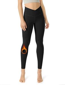 ODODOS Women’s Fleece Lined Cross Waist 7/8 Yoga Leggings with Inner Pocket, Workout Running Tights Yoga Pants-Inseam 25″, Fleece Black, Large