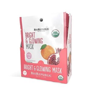BioRepublic Bright & Glowing Organic Facial Sheet Mask | Hydrate, Brighten, & Nourish Skin | Organic Biocellulose Masks with Pomegranate & Orange Scent for Deep Cleansing & Moisturization | Box of 12