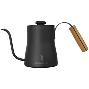 ECOTASTIC Gooseneck Kettle with Thermometer Wooden Handle, Stainless Steel & Teflon Material, Aesthetic Matte Black, Larger Capacity of 1Liter, 32-212F Fast Heating, Portable Pour Over & Coffee Kettle