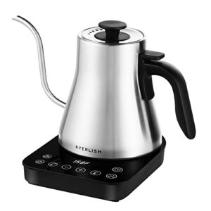KYERLISH Electric Gooseneck Kettle 1.0L Temperature Control, Pour Over Kettle with 6 Variable Presets & Built-in Timer, 100% Stainless Steel Gooseneck Coffee Kettle & Tea Kettle, 1200W Quick Heating
