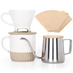 AELS Pour Over Coffee Maker Gift Set, Includes Ceramic Coffee Dripper Brewer & Coffee Mug with Lid, Stainless Steel Gooseneck Kettle & 5pcs Coffee Filter, Manual Coffee Maker for Single Cup, Gift Idea
