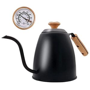 Pour Over Kettle with Thermometer Gooseneck Kettle Tea Pot with Wood Handle Flow Spout Stainless Steel Anti-Rust Design For All Stovetops -40oz