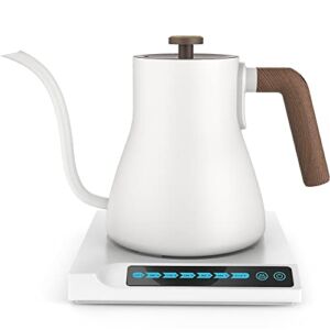 Seoukin White Electric Gooseneck Kettle with 7 Variable Presets, Pour Over Coffee Kettle&Electric Tea Pot, 100% Stainless Steel Water Boiler With Temperature Control, Beige White with Walnut Handle