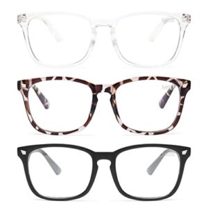 Gaoye Blue Light Blocking Glasses – 3 Pack Fashion Square Fake Eyeglasses, Anti UV Ray Computer Gaming Glasses, Blue Blockers Glasses for Women/Men, Matte Black+Leopard+Transparent