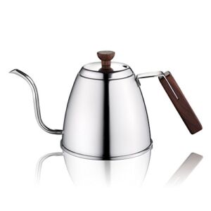 Minos Pour Over Gooseneck Kettle – Stainless Steel with Heat Resistant Wooden Handle; 1.0 L / 34 fl oz Capacity Suitable for Gas, Electric and Ceramic Stovetops