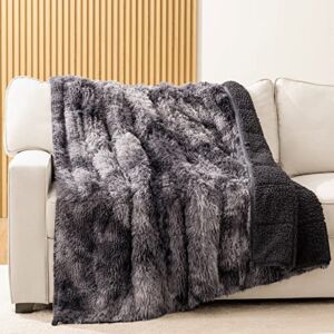 HBlife Soft Faux Fur Sherpa Weighted Blanket for Adults 15 Pounds Queen Size 60X80 Inches, 100% Oeko-Tex Certified Decorative Shaggy Fluffy Plush Reversible Fuzzy Heavy Blanket, Tie Dye Grey