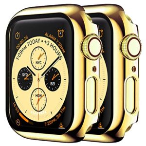 HANKN 2 Pack Tempered Glass 40mm Case Compatible with Apple Watch Series 6 5 4 Se 40mm Tempered Glass Screen Protector, Plated Hard PC Cover Full Coverage Shockproof Iwatch Bumper (40mm, Gold+Gold)