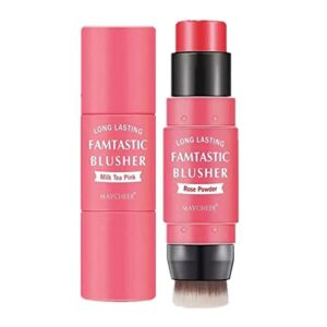 Cream Blush Stick with Brush,Double Head Blush Sticks 3 In 1 Cheek Blush & Lip Tint & Eye Shadow Makeup Stick,Lightweight,Long Lasting Waterproof,Blush Makeup for All Skin Tones (Rose Pink)