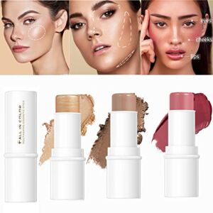 Sitovely 3 Pcs Multi-Use Highlighter Stick, Cosmetics Cream Blush Stick & Facial Contour Stick, Long Lasting & Smooth Face Brightens & Shades Pencil Makeup Stick