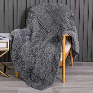 Pawque Weighted Blanket Faux Fur 48 x 72 inches for Adults 15lbs, Warm Fuzzy Sherpa Throw, Super Soft Breathable Shaggy Faux Fur Blanket for Bed Sofa Couch, Grey