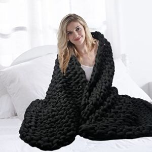 Waowoo Knitted Cooling Weighted Blanket Queen Size Handmade Chunky Knitted Weighted Throw Blanket ( Dark Black, 60″×80″ 15 pounds )