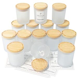 CONNOO 15 Pack Glass Candle Jars-7 OZ Frosted Empty Candle Jars with Bamboo Lids and Sticky Labels for Making Candles, Bulk Candle Making Kits with Caving Bamboo lids – Dishwasher Safe