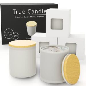 True Candle | 6-Pack 14oz Candle Jars | 6 Unique Boxes | Glass Jars with airtight lid, Candle Jars for Making Candles, Candle Making, Glass jar, Glass Jars with Bamboo lids, (Frosted White)