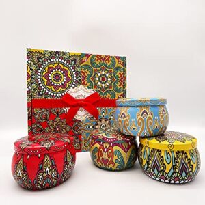 4 PCS 4.4oz Candle Tin Jars, Bohemian Patterns Candle Jar with Gift Box, DIY Candle Making kit Holder Storage case for Dry Storage Spices, Camping, Party Favors, and Sweets Gifts