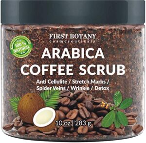 100% Natural Arabica Coffee Scrub with Organic Coffee, Coconut and Shea Butter – Best Acne, Anti Cellulite and Stretch Mark treatment, Spider Vein Therapy for Varicose Veins & Eczema 10 oz