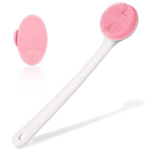 QiqaMole Body Brush for Bath, Silicone Back Scrubber for Shower, Bathe Brush Non Slip, Shower Brush Exfoliator with Long Handle, Soft Bristles & Face Cleansing Brush (Pink)