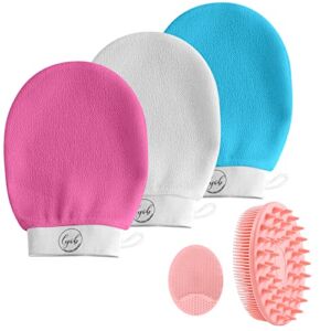 5pc Bath Exfoliate for Dead Skin, in-Grown Hair, Keratosis Pilaris, Self-Tan Prep, by LYOB, 3pcs Viscose Mitts, 1 Silicone Body & Scalp Massage Scrubber,1 Silicone Face Scrubber Great Gift(Pink)