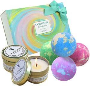 LA BELLEFÉE Bath Bombs Scented Candles Set, Handmade Essential Oil Relaxing Bathbombs, Bubble Spa. Bath Bombs for Women Gifts for Women. Fizzy to Moisturize Dry Skin (4 Bath Bomb+2 Candles)