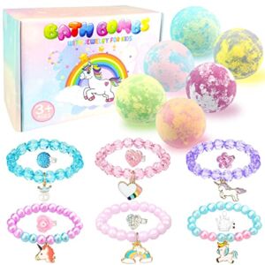 Bath Bombs for Kids with Surprise Inside 6 Large Organic Bubble Kids Bath Bomb with Bracelets and Rings Toys Safe and Natural bathbombs Toys Gifts for 4 5 6 7 8 9 Years Old Girls Birthday Christmas