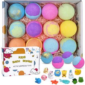 12 Bath Bombs for Kids with Toys Inside, Fizzies Organic Essential Oil Bath Bombs, Gentle and Kids Safe, Great for Spa & Bubble Bath Colorful &Scented, Handmade Bath Bombs Gift Set