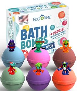 Handmade Bath Bombs for Kids with Toys Inside – Bubble Bath Fizzies with Essential Oils – Multicolored Kids Large 6 Bath Bombs with Squishy on Side – Natural & Organic Ingredients Set Made in The USA