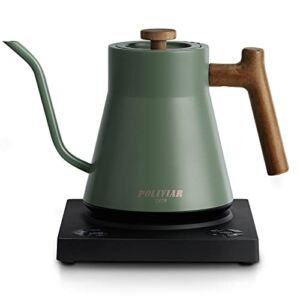 POLIVIAR Electric Gooseneck Kettle, 1200W Electric Tea Kettle Real Wood Handle, 34oz Pour Over Electric Kettle for Coffee & Tea, 18/8 Stainless Steel Inner, Temperature Control & Rapid Heating