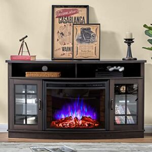 Curved Fireplace TV Stand with 26″ Curved Electric Fireplace, Media Entertainment Center Farmhouse Glass Door Storage Cabinet, Open Shelve Console Table for TVs up to 65″, Espresso