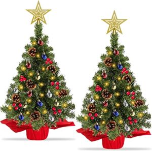 [ 2 Pack & Timer ] 24 Inch / 2 Ft Preilt Christmas Tree Tabletop Decor 50 Lights Star Artificial Xmas Tree Pinecone Balls Red Berries Battery Operated Christmas Decorations Indoor Home (Warm White)