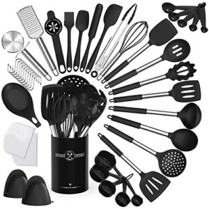 Silicone Kitchen Cooking Utensils Set-Umite Chef 43 pcs Heat Resistant Kitchen Utensils, Black Kitchen Gadgets Tools Set with Stainless Steel Handles for Non-Stick Cookware