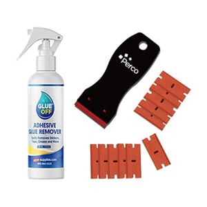 Perco Glue Off Adhesive Remover 3.3 oz & Scraper with Plastic Razor for Removing Labels (Adhesive Remover & Scraper w/Plastic Razor)