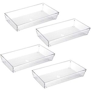 4 Pack 12″x 6″ Large Size Clear Plastic Desk Drawer Organizer Tray Bathroom Office Kitchen Utensils Silverware Gadgets Dividers Desk Drawer Storage Bins Container for Dresser Cosmetic Makeup