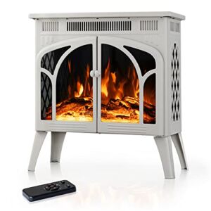 Electactic 24Inch Electric Fireplace Stove , Free-Standing Infrared Fireplace Stove, Controllable 3D Flame, 4 Variable Flame&Log Colors, 1500w, 5100BTU, Beige