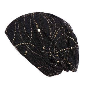 Shinny Beanie Hat for Women Fashion Muslim Hijab Hat Fall Windproof Baggy Beanie Chemo Hat Ladies Soft Head Wrap Black