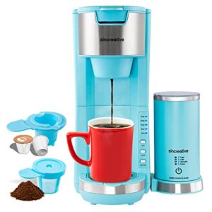 Coffee Maker with Milk Frother, 2 in 1 Single Serve Coffee Machine Brewer for K-Cup Pod and Ground Coffee, Cappuccino Latte coffee maker Portable Coffee Machine With 30 oz Detachable Reservoir, Blue