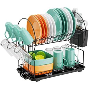 Dish Drying Rack, iSPECLE Small Dish Drainers for Kitchen Counter 2 Tier Dish Rack with Cup Holder Utensil Holder and Drainboard Set , Black
