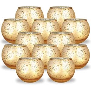 Just Artifacts 2-Inch Round Speckled Mercury Glass Votive Candle Holders (Gold, Set of 12)