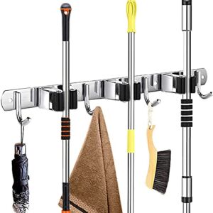 Mop and Broom Holder Wall Mount Garage Organization Kitchen Organization Heavy Duty Garage Tools Hanger-Broom Hanger with 3 Unit Clamps and 4 Utility Hooks for Home Kitchen Garden Laundry Room