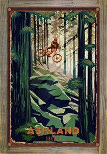Ashland Oregon Mossy Rock Downhill Mountain Biker Rustic Metal Print on Reclaimed Barn Wood from Illustration by Illustrator Sassan Filsoof 11.5″ x 17.5″