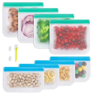 Reusable Food Storage Bags, 8 Pack Reusable Freezer Bags, 4 Leakproof Reusable Sandwich Bags, 4 Reusable Snack Bags, Silicone and Plastic Free Reusable Ziplock Bags for Veggies Fruit Meat Lunch