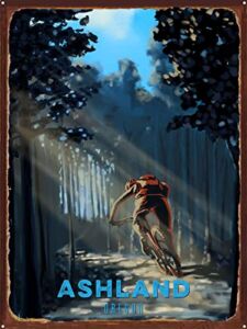 Ashland Oregon Cross Country Mountain Biker Rustic Metal Art Print from Illustration by Illustrator Sassan Filsoof 17″ x 23″