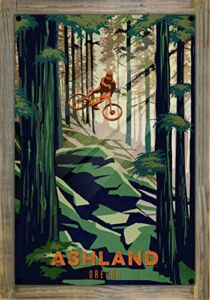 Ashland Oregon Mossy Rock Downhill Mountain Biker Metal Print on Reclaimed Barn Wood from Illustration by Illustrator Sassan Filsoof 11.5″ x 17.5″