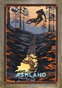 Ashland Oregon Puddle Jump Mountain Biker Rustic Metal Print on Reclaimed Barn Wood from Illustration by Illustrator Sassan Filsoof 11.5″ x 17.5″