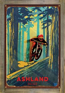 Ashland Oregon Forest Racer Downhill Mountain Biker Rustic Metal Print on Reclaimed Barn Wood from Illustration by Illustrator Sassan Filsoof 11.5″ x 17.5″