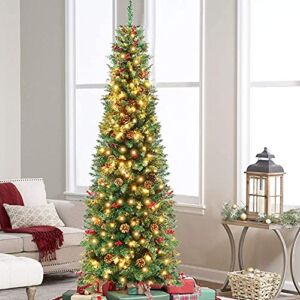 OurWarm 7.5ft Prelit Pencil Christmas Tree, LED Slim Christmas Tree with 350 Clear Lights, 900 Thicken Tips, Tall Skinny Pine Artificial Christmas Tree with 55 Berrys and 55 Pine Cones