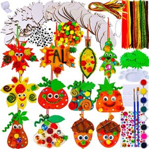Winlyn 36 Sets Hanging Pumpkin Maple Leaf Acorn Wooden Ornaments Fall Craft Kits Paintable Unfinished Wood Pumpkin Autumn Leaf Acorn Cutouts Pom-Poms Googly Eyes for Kids Art Project Activities